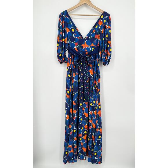 STAUD Affogato Maxi Dress V-Neck Balloon Sleeve Fruit Print Belted, Blue NWT - Picture 11 of 16